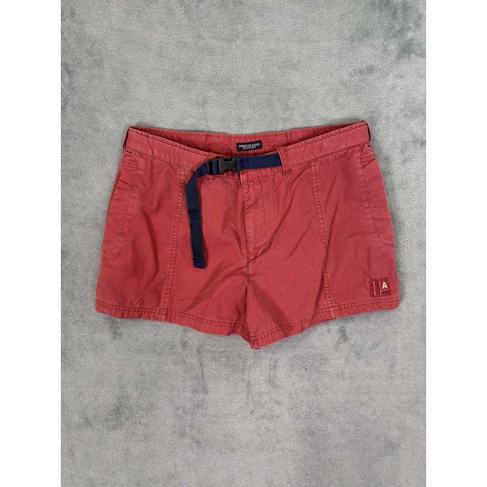 American Eagle Shorts Womens 10 Red Canvas High Rise Belted Hiking Slash Pockets
